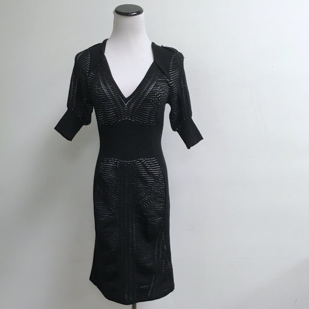 Karen Millen Black bodycon stretch Lacey v neck knit dress half sleeve 36 S M